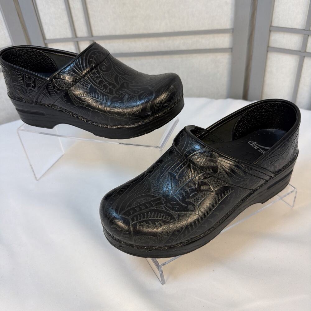 Dansko Professional Clogs EU 37 US 6.5 7 Black Embossed Leather Tooled Shoes
